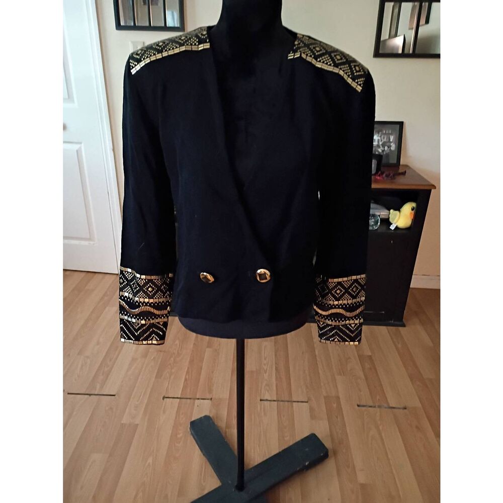 Vintage St John Evening Black Santana Knit Blazer Jacket Gold Beaded Size 12